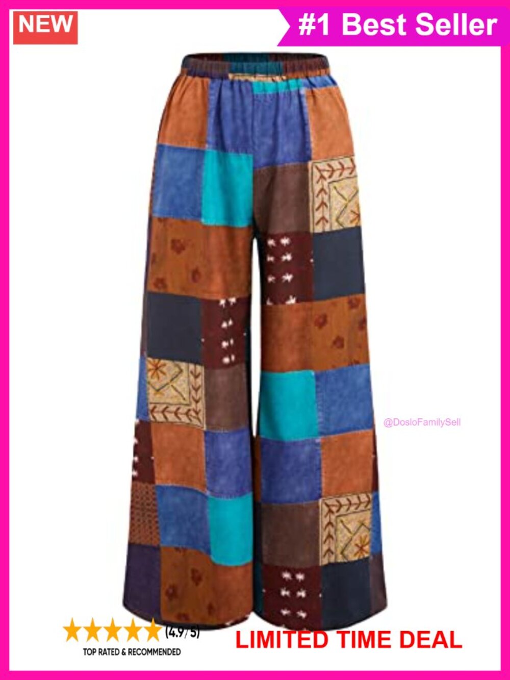 Boho Wide Leg Palazzo Pants High Waist Elastic Patchwork Summer